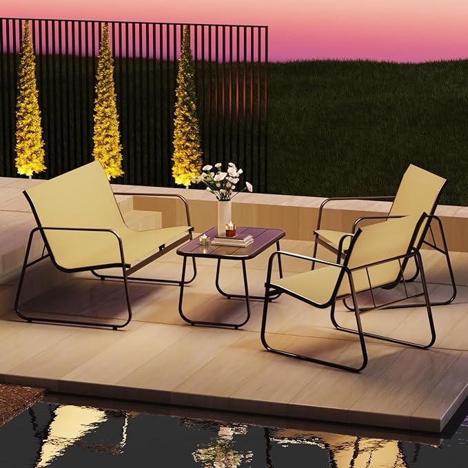 4-Piece Patio Furniture Set, Outdoor Textilene Conversation Set with Chairs & Loveseat, with Coffee Table for Garden, Balcony, Poolside, Backyard, Water-Resistant & UV-Resistant（Khaki）