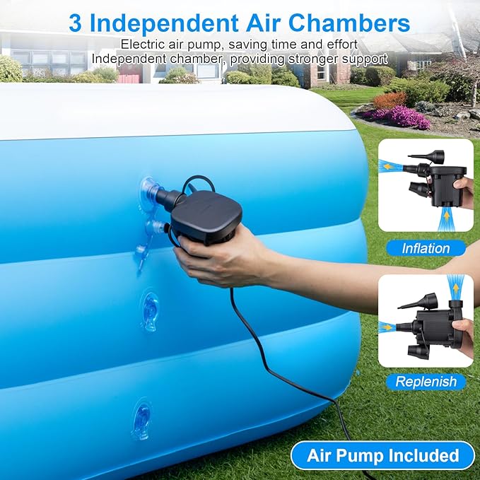 Extra Large Inflatable Pool with Canopy Pump, 145" x 74" x 22" Large Blow Up Pool for Adults Family, Full Size Inflatable Swimming Pool with Big Shade for Backyard Outdoor