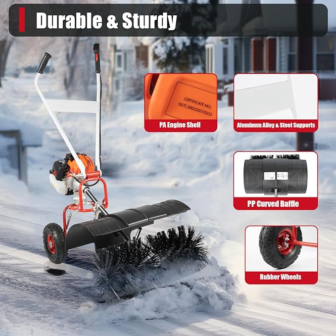 2.5HP 52CC Gas Power Handheld Sweeper, Driveway Turf Snow Broom Brush Cleaner Artificial Grass Walk Behind Turf Brush Electric Lawn Power Outdoor Road Street High Performance Cleaner