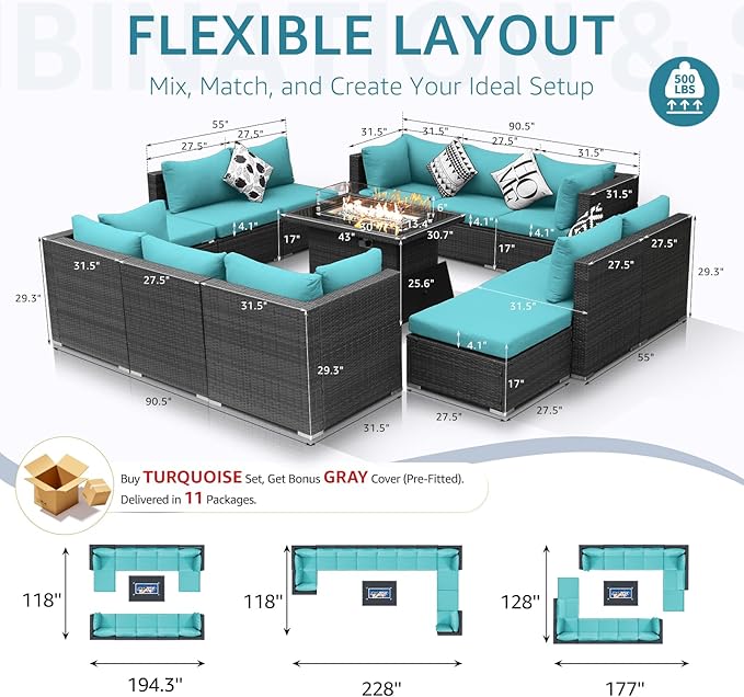 NICESOUL 13 Piece Patio Furniture w/Fireplace, Elegant Outdoor Seating w/Firepit, XL Size 29.3'' High Back Sectional Sofa, All-Weather Rattan Deck Couch, Modular Sturdy Conversation Set, Gray & Teal