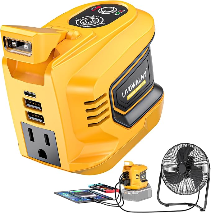 Real 220W Portable Power Inverter Compatible with DeWALT 20V, LIVOWALNY Outdoor Generato Battery Converter 2 USB & AC Battery Powered Outlet, DC 20V to AC 110V-120V Power Station (Tool Only)