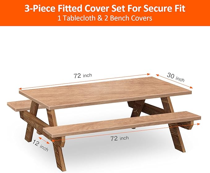 KENOBEE 6ft Picnic Table and Bench Cover, Camping Essentials RV Gear, 72 in Waterproof Windproof Outdoor Elastic All Around Tablecloth, Fitted Rectangle Tables and Seats, Wood Grain