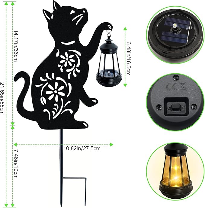 Solar Cat Hanging Lantern Outdoor, 2 Pack Black Cat Solar Lights, Cat Lover Gifts for Women Mom Grandma Birthday Mother's Day, Waterproof Garden Ornaments Decor Outside Backyard Patio Pathway