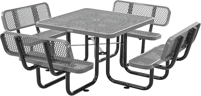 Global Industrial 46" Square Picnic Table with Backrests, Expanded Metal, Gray Thermoplastic Coating, 1-1/2" Umbrella Hole, Outdoor-Rated, 1000 Lbs Capacity