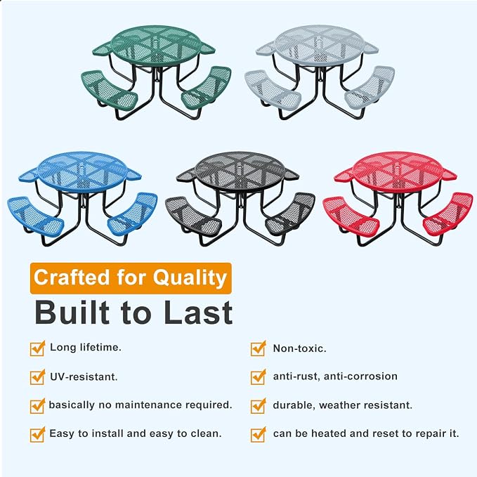 46In Round Outdoor Picnic Table – Heavy-Duty Commercial Steel Table with Thermoplastic Coating, Weatherproof & Rust-Resistant, Perfect for Parks, Patios, Schools & Campgrounds (Gray)