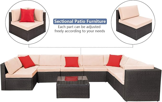 Devoko 9 Pieces Outdoor Patio Sectional Sofa All-Weather Patio Furniture Sets Manual Weaving Wicker Rattan Patio Conversation Set with Cushions and Glass Table (Brown)