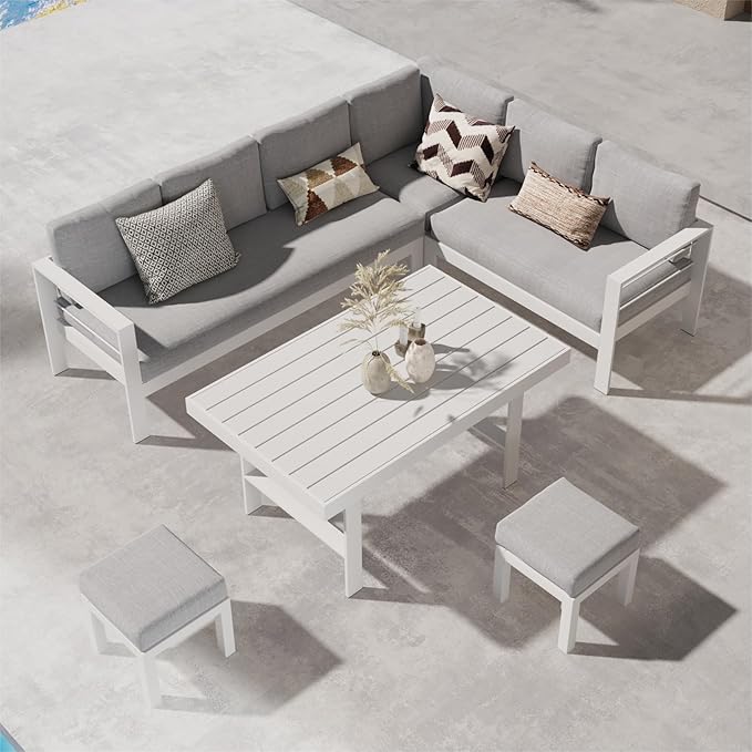 Wisteria Lane Aluminum Outdoor Patio Furniture Set, Metal Outside Patio Furniture Conversation Sets with Dining Table&2 Ottomans, Sectional Sofa Couch Seating Set with Cushions for Backyard