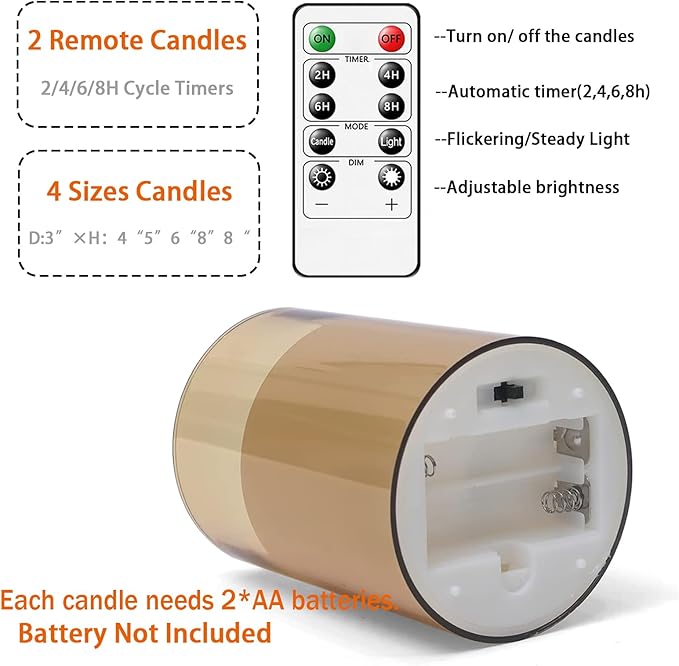 Fo32won Amber LED Flameless Pillar Candles Battery Operated with Remote Timer, 5 Pack 3D Flickering Acrylic Candles for Home Living Room Bedroom Fireplace Wedding Party Holiday Decor & Gift