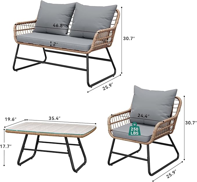 YITAHOME 4-Piece Patio Furniture Set, Wicker Outdoor Furniture Set with Cushions, Outdoor Table and Chairs for Balcony, Backyard, Deck, All-Weather Rattan Conversation Set, Light Gray
