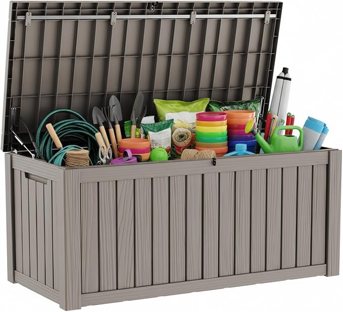 LAUSAINT HOME 230 Gallon Resin Deck Box, Package Delivery Box with Lockable Lid, Waterproof Outdoor Storage Box For Garden Tools, Patio Cushions(230 Gallon,Grey)