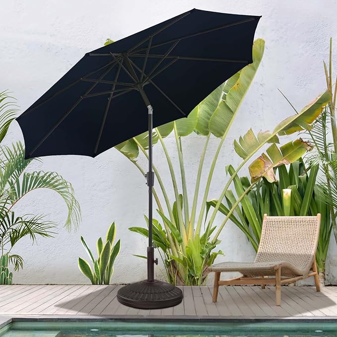 BLUU MAPLE Navy 10 FT Patio Umbrella with 3-Year Color Fastness Olefin Canopy, Market Umbrellas with 8 Strudy Ribs & Push Button Tilt for Garden, Lawn & Pool