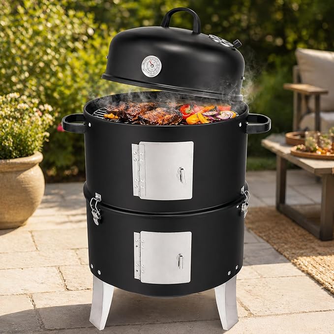 16.5 Inch Charcoal Smoker for Meat, Vertical Smoker Grill, Small Smoker for Backyard, Patio and Parties | 4-in-1 BBQ Smoker with Built-In Thermometer, Adjustable Air Vent, 2 Cooking Racks