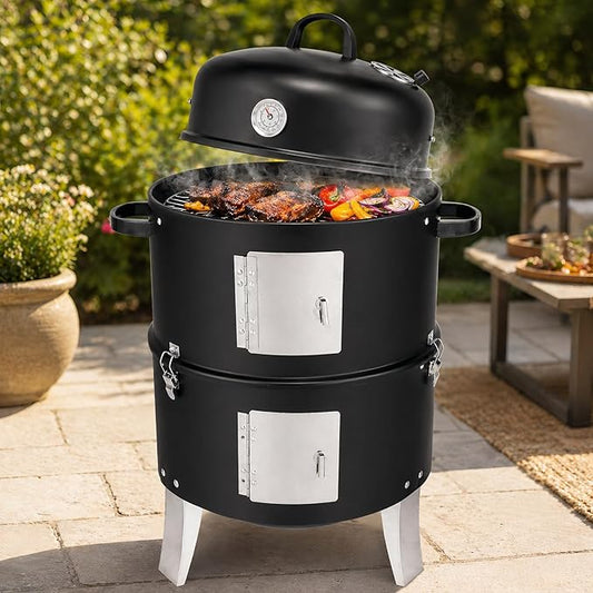 16.5 Inch Charcoal Smoker for Meat, Vertical Smoker Grill, Small Smoker for Backyard, Patio and Parties | 4-in-1 BBQ Smoker with Built-In Thermometer, Adjustable Air Vent, 2 Cooking Racks