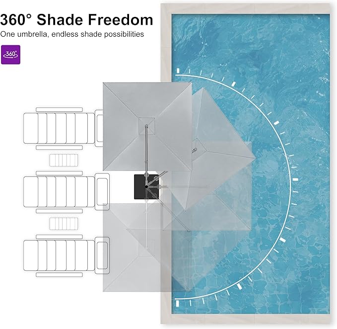 PURPLE LEAF Patio Umbrella 10' X 13' Rectangle Umbrella with Central Lights and Base Large Aluminum Outdoor Umbrellas with 360-degree Rotation & UPF40+ Fabric for Deck Pool Garden Yard, Pebble Grey