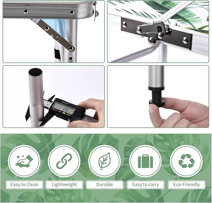 Folding Camping Table 2ft Portable Picnic Table Adjustable Height Small Card Table Aluminum Foldable Lightweight with Carry Handle for Outdoor Indoor Hiking Camp BBQ Beach (Monstera Palm Leaves)