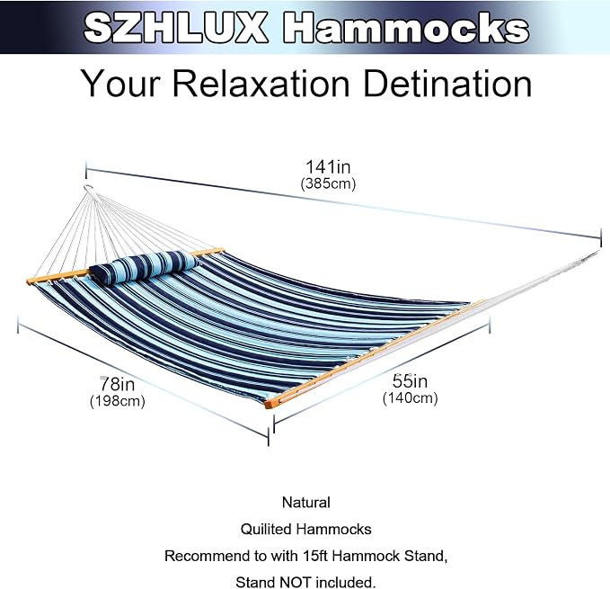SZHLUX Outdoor Quilted Fabric Hammock with Spreader Bars and Detachable Pillow and Chains,Outdoor Patio Backyard Poolside, 450 LBS Weight Capacity, Catalina Beach