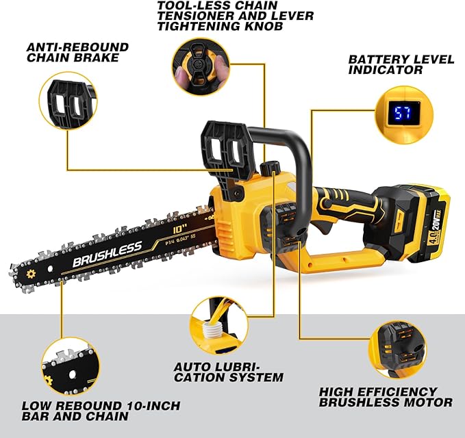 10 Inch Cordless Chainsaw for DEWALT 20V MAX Battery, 1000W Brushless Handheld Chainsaw with 4.0Ah Battery, Battery Powered Electric Chain Saw for Wood Cutting, Battery & Charger Included
