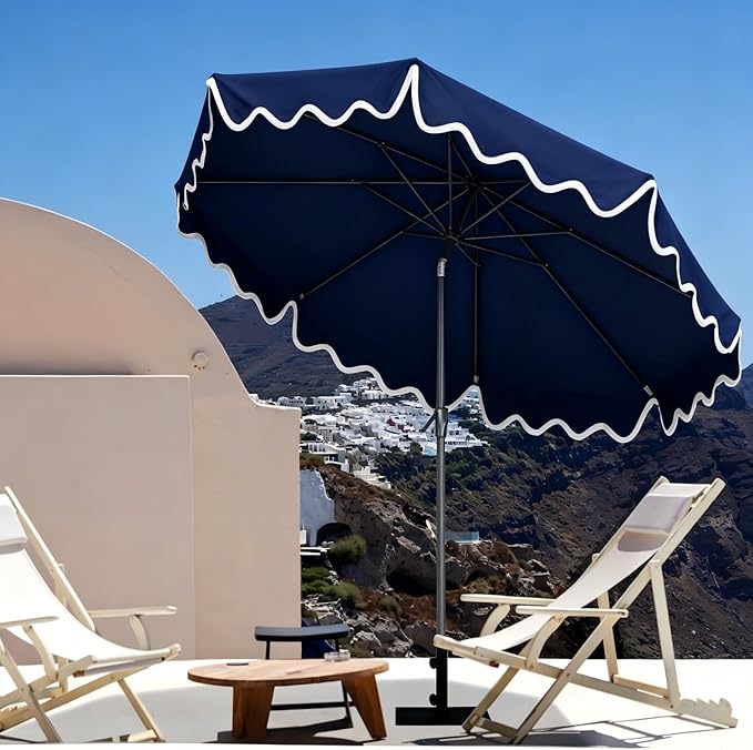 Tempera 9FT Scalloped Tassel Patio Umbrella, Outdoor Market Umbrellas with 8 Sturdy Ribs with Crank & Pust Button Tilt,Fade Resistant Canopy