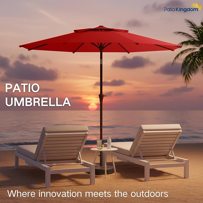 9FT Patio Umbrella 2-Tier Outdoor Market Table Umbrella with Push-Button Tilt & Crank | UPF 50+ & Waterproof for Backyard,Garden,Pool,Deck(Red)