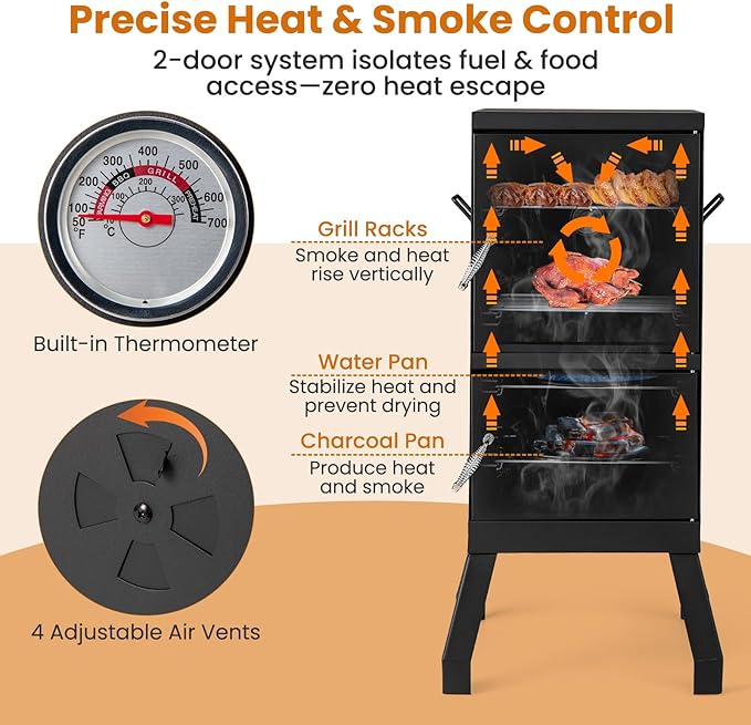 Giantex Outdoor Smoker with Double Doors, 2 Detachable Grill Netting Smoking Racks, Charcoal Pan & Water Pan, 4 Air Vents, Thermometer, Vertical Charcoal Smoker for Barbecue Camping Backyard Grill