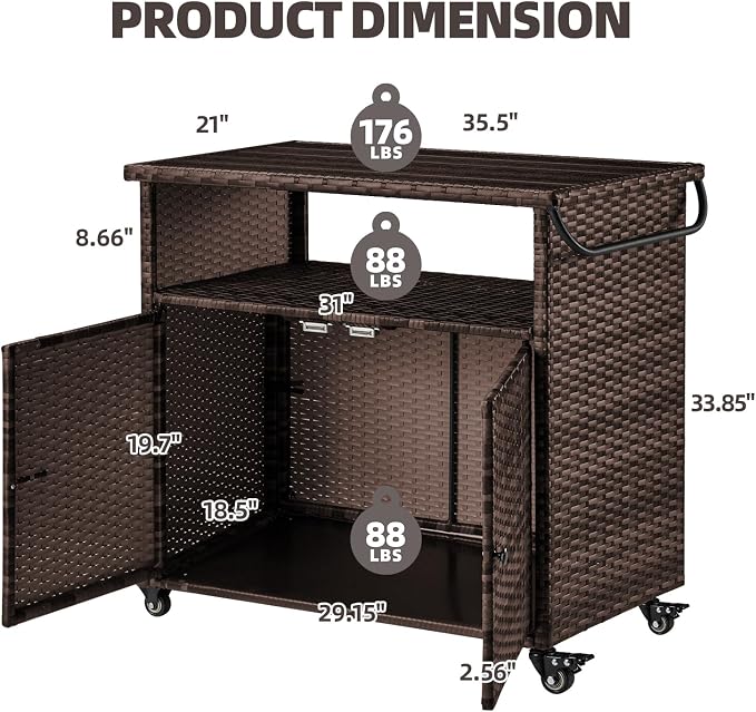 U-MAX Outdoor Grill Table with Storage Kitchen Island Prep Table Rattan Storage Cabinets Outdoor Grill Cart for Patio, Outside, Backyard, Bar, BBQ Serving Cart Cooking Grilling Station