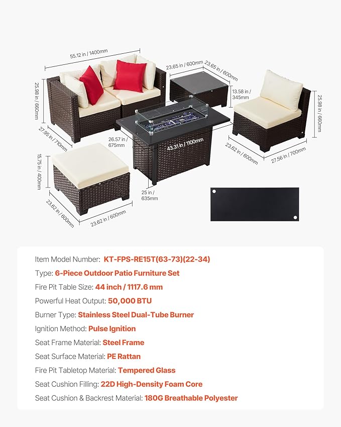 VEVOR 2025 Upgraded 6-Piece Wicker Patio Furniture Set with Protective Glides, Non-Scratch Pads, High Back Outdoor Sofa, All-Weather Wicker Patio Conversation Set for Deck Yard Pool