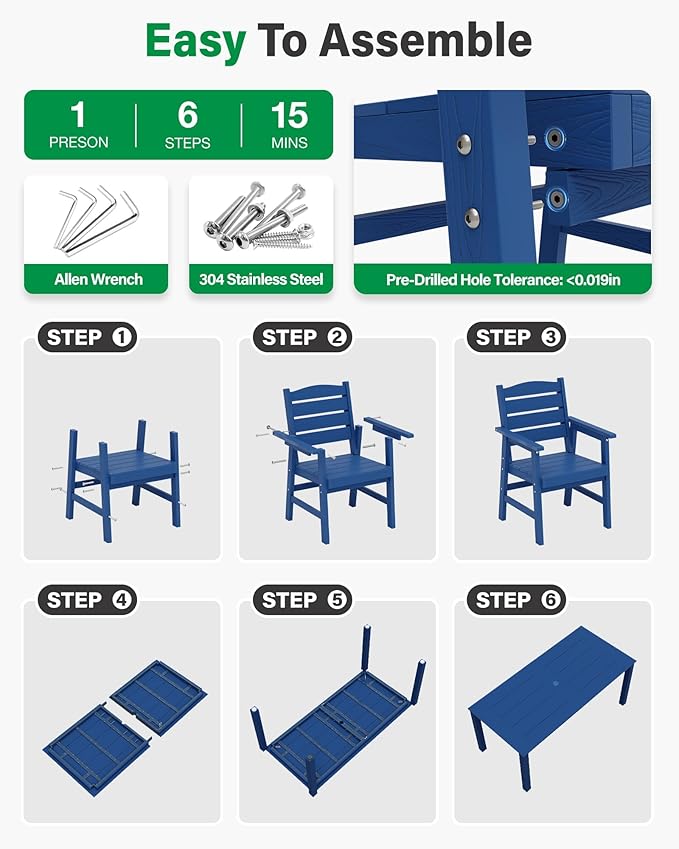 YEFU HIPS Patio Dining Sets: 7-Piece All-Weather Outdoor Table and Chairs with Umbrella Hole - Low-Maintenance Patio Dining Set for 6 Modern Furniture with Aluminum Frame for Family with Deck Blue