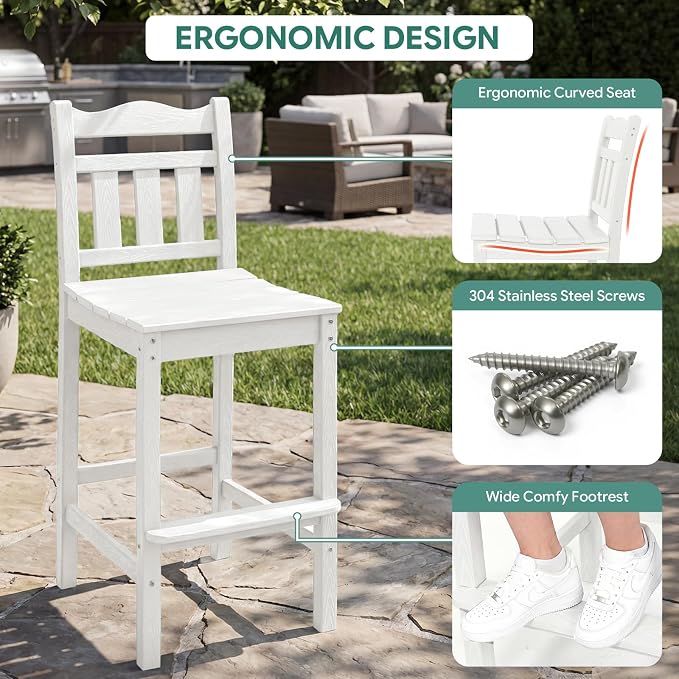 Outdoor Bar Stools Set of 4, HDPE Adirondack Bar Chairs with Backs, All-Weather High Top Patio Chairs, Heavy Duty Armless Bar Height Chair for Balcony, Garden, Deck (White, 4pcs Set)