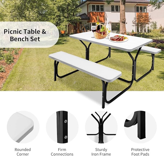 ORALNER Picnic Table, Resin Dining Table & 2 Benches Set, Weather Resistant Wood Grain Plastic Tabletop & Steel Frame, Picnic Tables for Outdoors, Porch Yard Patio Lawn Party Camping (White)