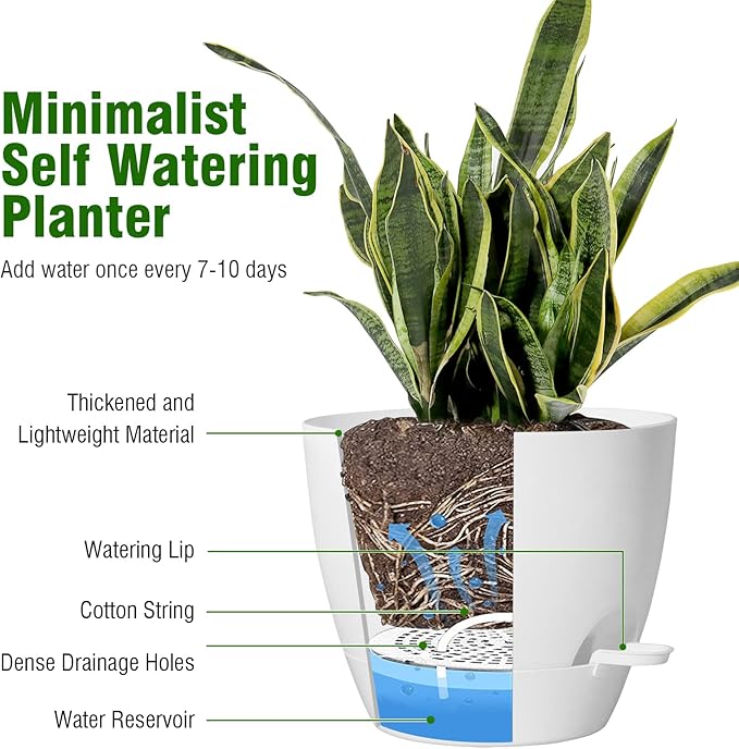 WSMKSZ 12/10/9 inch Large Self Watering Pots, Plant Pots with Mesh Drainage Holes for Indoor Outdoor Garden Plants, Flower Pots with Removable Deep Reservoir, Set of 3 Plastic Planters, White