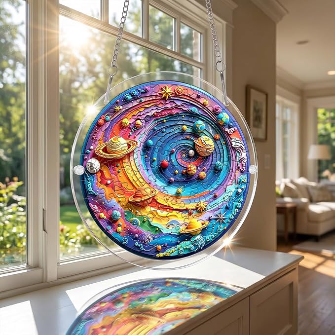 Acrylic Puzzle Suncatcher, Colorful Space Sun Catcher Jigsaw Puzzle Window Hanging, Acrylic Puzzles Kit Home Garden Decor, Mothers Day Birthday Gifts for Mom, Wife, Sisters, 7.87 inch