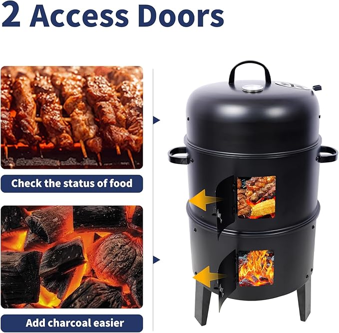 16 inch Vertical Charcoal Smoker, Mini BBQ Grill, Fire Pit, 3-in-1 with Built-in Thermometer, Adjustable Air Vent, Idea for Parties, Backyard, Patio, Camping