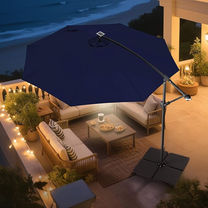 Solar Offset Patio Umbrella - 10 FT Solar Cantilever Umbrella Outdoor with 40 LED Lights and Cross Base, UV Protection for Garden, Deck, Backyard, Pool, Porch, Navy Bluery
