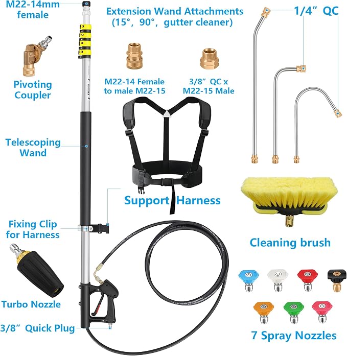 24 FT Power Washer Extension Wand with Turbo Nozzle & Brush Head | Telescoping Pressure Washer Extension Wand, Aluminum Solar Panel Cleaner Pole, 7 Nozzle Tips, 3 Adapters & Harness