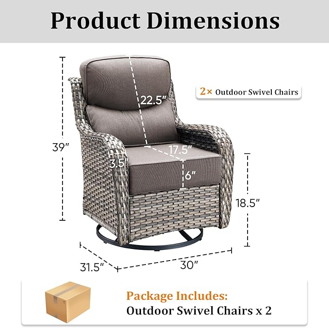 Luxury Patio Furniture Set with 6-inch Thick Cushion, High Back Outdoor Swivel Rocker Patio Chairs Set of 2, 2 PCS Wicker Conversation Set Gliders for Porch, Yard, Deck, Poolside, Grey