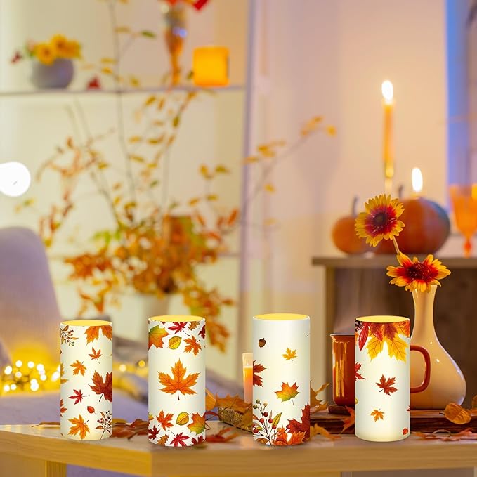 Tiamon Maple Leaf Flameless Candles Led Leaves Candles Battery Operated Yellow Flickering Candles with 18-Key Remote Timer Pillar for Garden Flower Plants Party Table Decorations