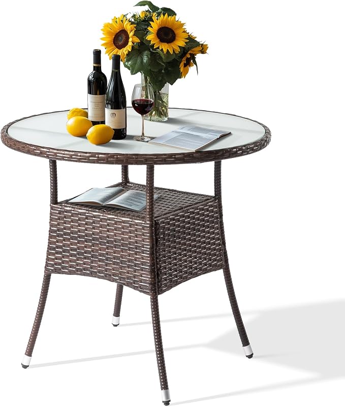 31.7" Round Patio Side Table,Small Outdoor Wicker End Tables,All-Weather Rattan Coffee Table,Bistro Dining Tables,with Glass Tabletop,for Lawn Garden Backyard Deck Porch Poolside Balcony (Brown)
