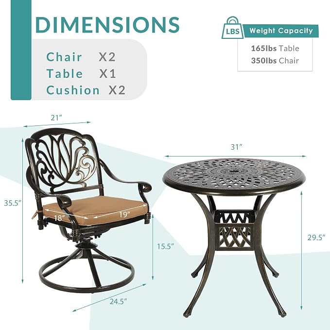 MEETWARM 3-Piece Outdoor Patio Dining Set, All-Weather Cast Aluminum Patio Conversation Set for Backyard Garden Deck with 2 Cushions Swivel Rocker Chairs and 31" Round Table, 2.2" Umbrella Hole