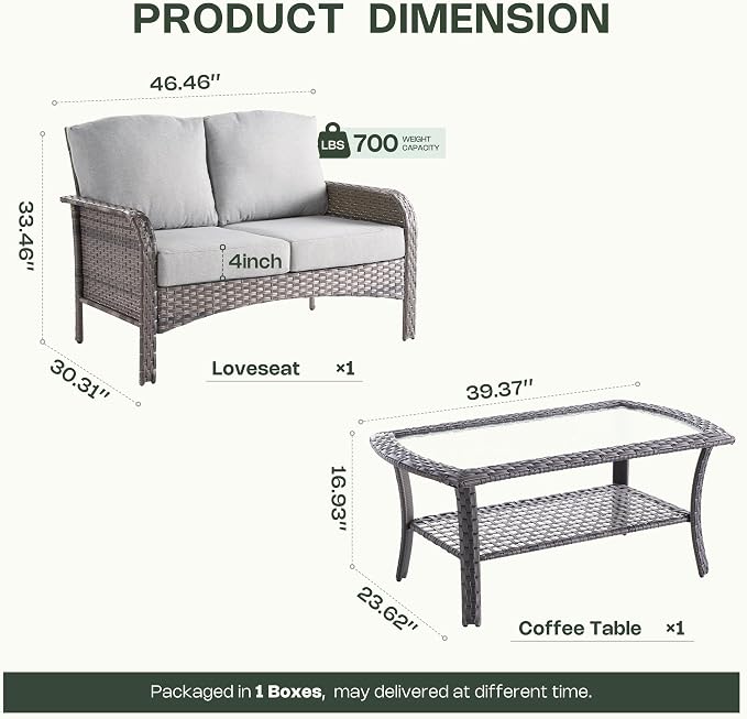 2-Piece Patio Furniture Set, Outdoor Wicker Furniture with Coffee Table, All Weather High Back Loveseat Patio Chairs, Modern Rattan Outdoor Chairs Conversation Set for Porch, Balcony, Garden,Grey
