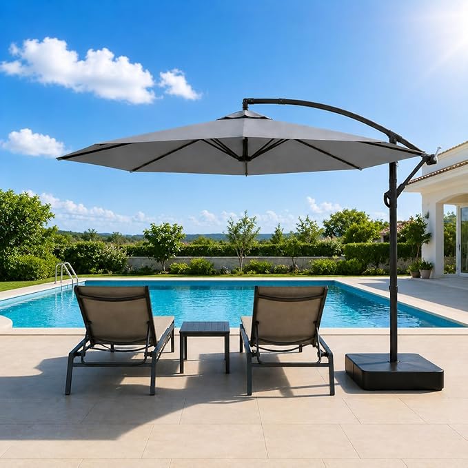 10FT Patio Umbrella with Base, Outdoor Umbrella Pool Umbrella Cantilever Umbrells - UV Protection, Easy Tilt & 360° Rotation for Poolside, Backyard & Garden