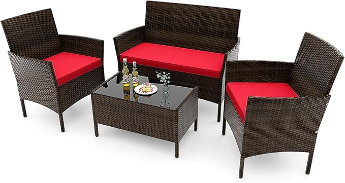 RELAX4LIFE 4-Piece Patio Furniture Set - Rattan Outdoor Conversation Bistro Set w/Cushions, Glass Coffee Table, Wicker Chairs & Loveseat for Garden Backyard Porch, Balcony Furniture Set (1, Red)