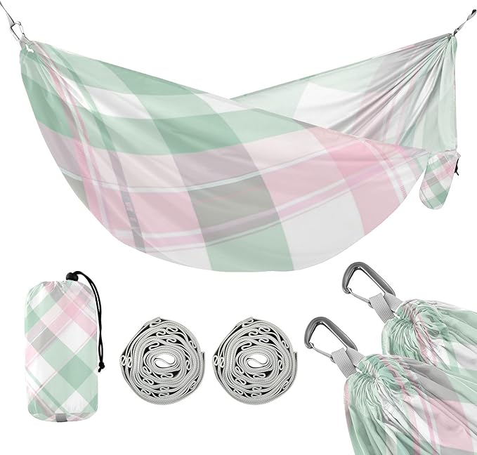 Mint Green and Pink Plaid 330lb Capacity Hammocks for Camping with Hanging Rope Indoor Hammock for Camping Travel Accessories hamacas para adultos con soporte