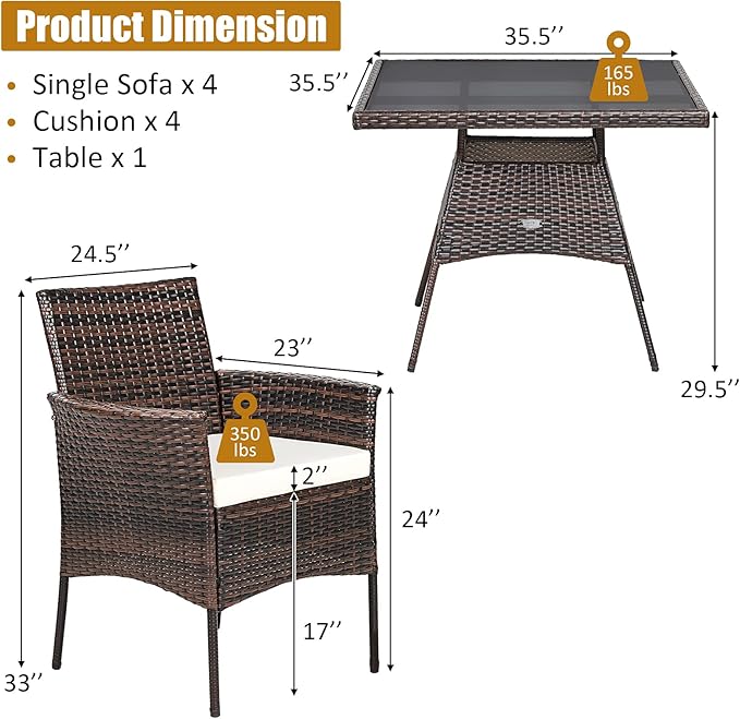 Tangkula 5 Pieces Wicker Patio Dining Set, Outdoor PE Rattan Chairs Table Set with 4 Seat Cushions, Patio Dining Furniture with Tempered Glass Tabletop, Suitable for Porch, Yard