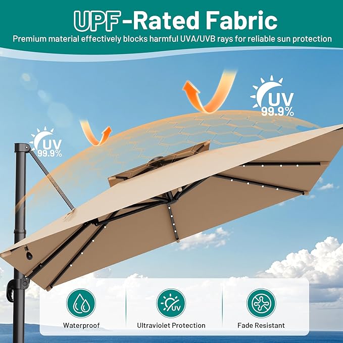 AreShark 10×10FT Solar LED Cantilever Umbrella, Double-Top Outdoor Patio Offset with 360 Degree Rotation, Square Offset Hanging Umbrella for Garden Deck Pool, Beige