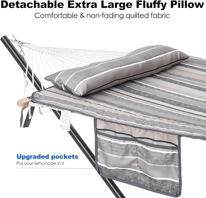 GAFETE 2 Person Hammock with Stand for Outside, 52inch Double Cotton Rope Hammock with Polyester Pad, Heavy Duty Steel Stand, Large Removable Pillow, Storage Bags, Max 475 lbs Capacity (Dove with Pad)