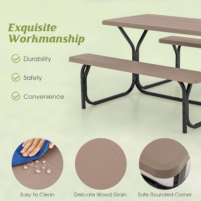 LDAILY Picnic Tables, Rectangular Picnic Table with Steel Frame, 2 Benches Set, HDPE Tabletop, Plastic Picnic Table for Outdoor, Camping, Patio, Lawn, Yard, Picnic Parties (Wood Color)