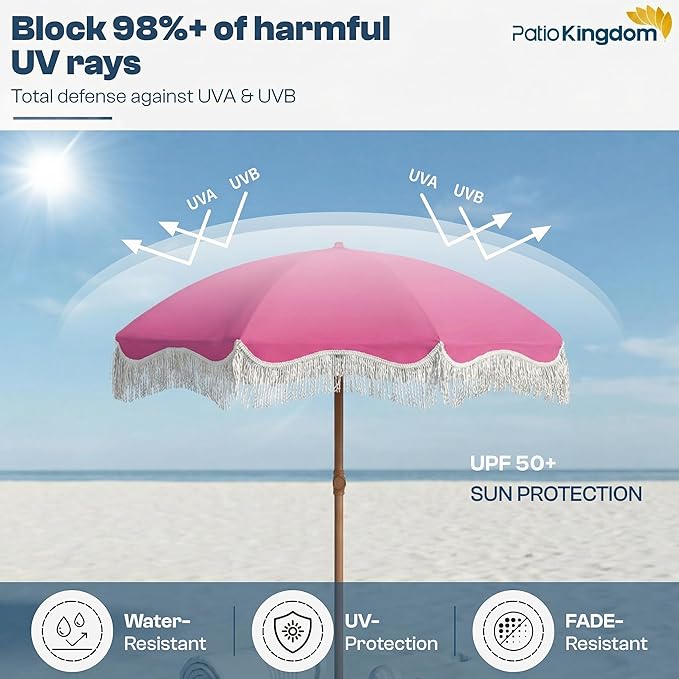 7ft Patio Umbrella with Fringe, Boho Beach Umbrellas, Outdoor Tassels Umbrellas with Push Button Tilt & Carrying Bag, 8 Windproof Fiberglass Ribs, UPF50+