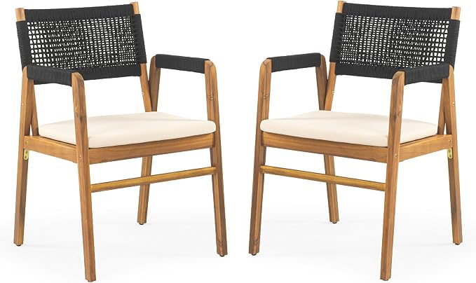 Christopher Knight Home Sky Acacia Wood Dining Table Set for 8, 9 Piece Patio Extendable Dining Table and Dining Chairs Set of 8 with Cushions & Rope Accents, Patio Furniture Set, Teak+Beige+Black