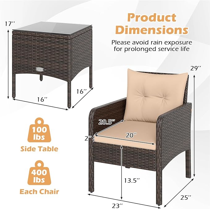 Tangkula 3 Pieces Patio PE Wicker Furniture Set, Outdoor Bistro Conversation Set with Cushions and Tempered Glass Coffee Table, Outside Rattan Table and Chairs for Porch (Beige)