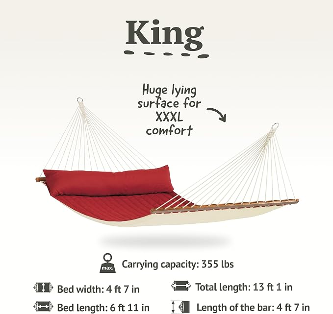 LA SIESTA® Alabama Quilted Hammock with Spreader Bar & CasaMount, Suspension Kit for Walls Ceilings & Square Beams - Portable Weatherproof Outdoor Hammock 2 Person Double Hammock - XL King, Red Pepper